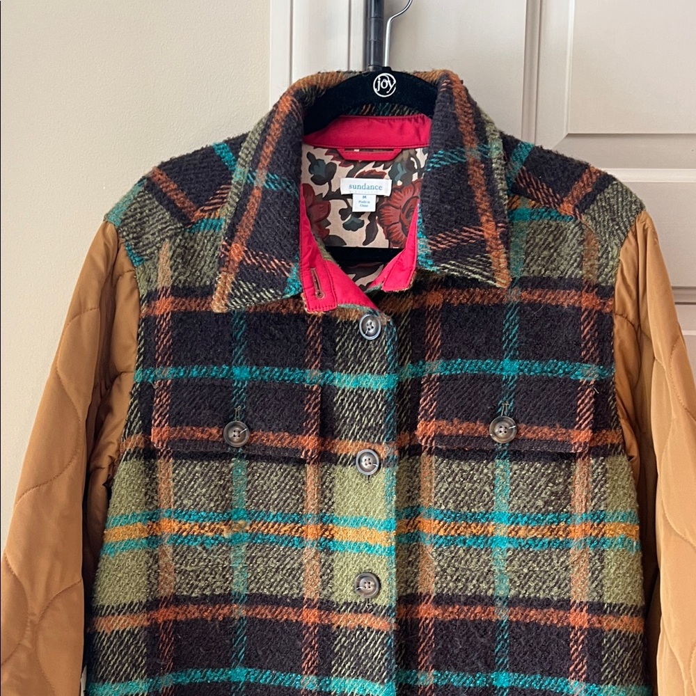 Sundance Multicolor Plaid Coat with Tan Sleeves - Picture 6 of 6